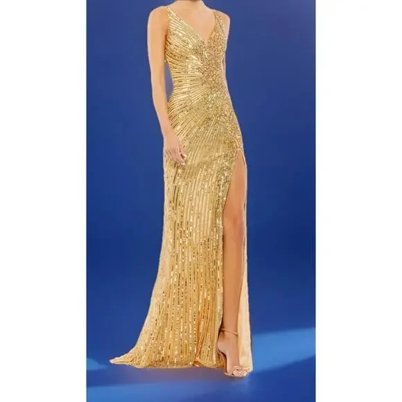 $598 Mac Duggal 5473 High Slit Embellished Sequins Dress Gold Size 8 NWT - Picture 2 of 16